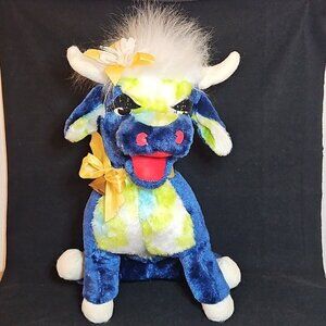 Vintage Rushton Co Plush Cow Blue Tie Dye Wire Legs Carnival Clown Glitter Eyes